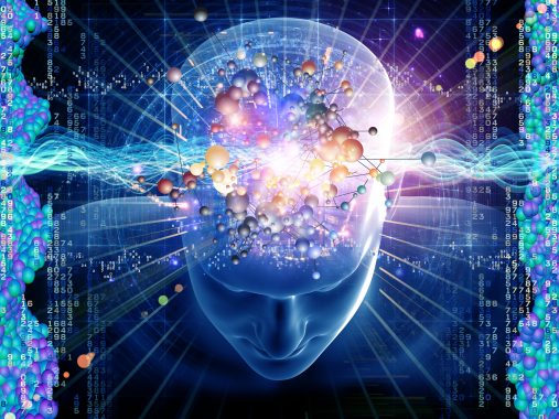 拼贴的人头,分子和各种抽象元素的现代科学,化学,物理,人类和人工