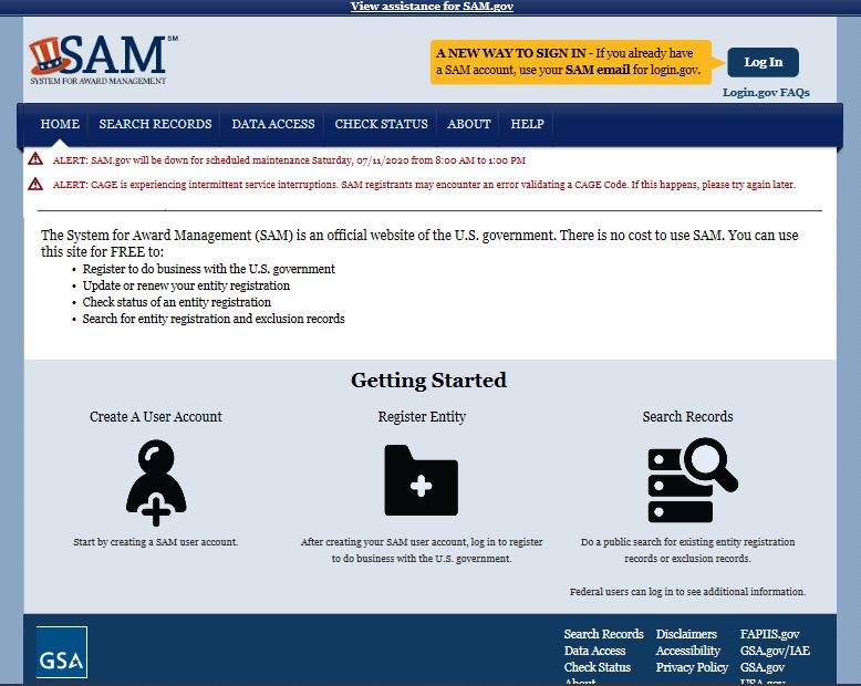截图SAM.gov网站主页